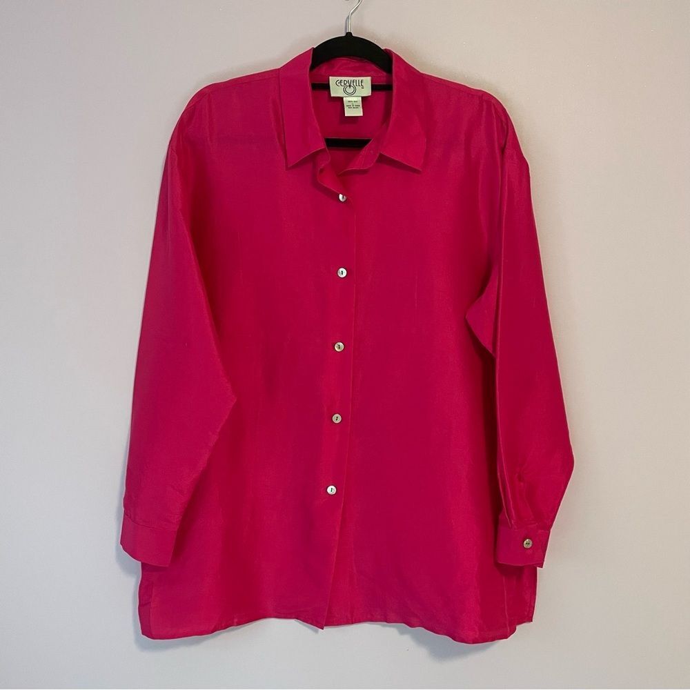 Vintage 100% Silk Blouse Pink Button Collar Long Sleeve Tunic Top Size Large